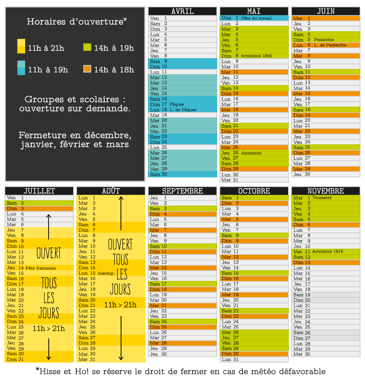 Calendrier des ouvertures (jours et horaires) de Hisse et et Ho! à Plélo, Bretagne 22